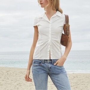 Brandy Melville Women's White Short-Sleeve Button Front Shirt
